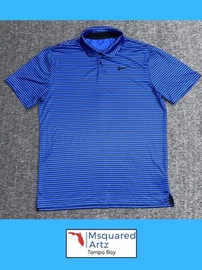 Nike Dri Fit Blue Black Striped Golf Polo Shirt Mens Medium Athletic